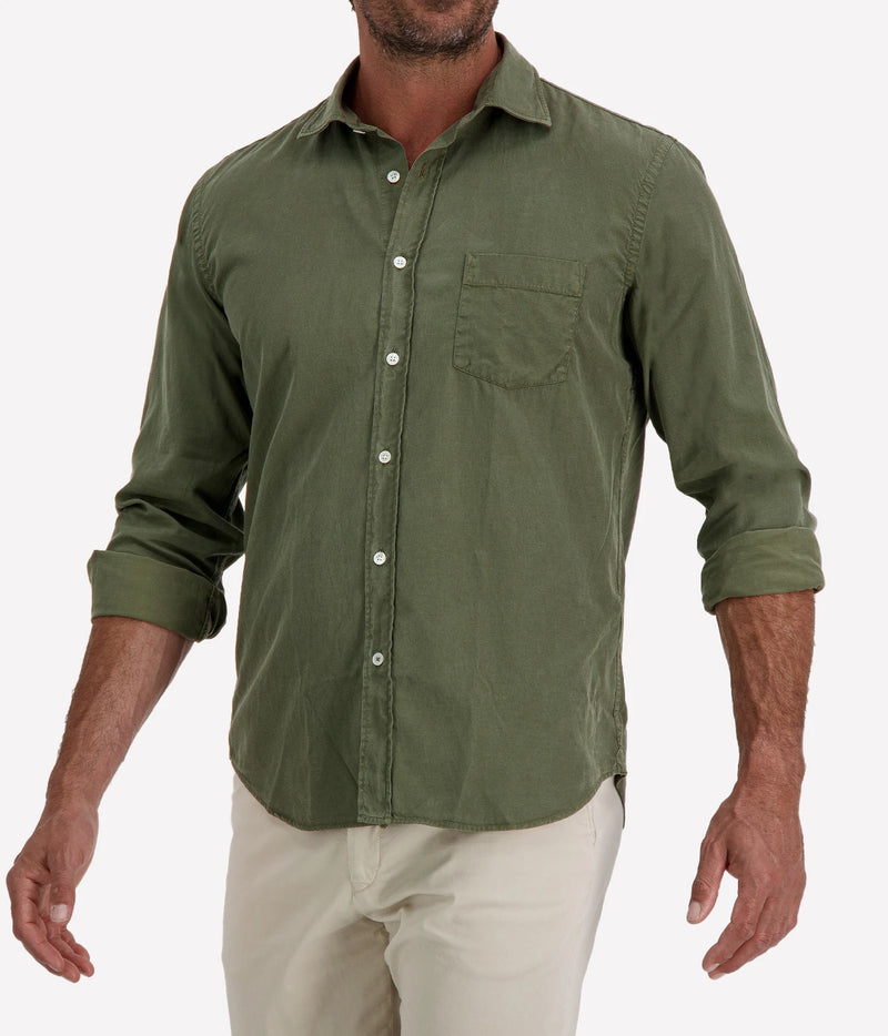 Man wearing Hartford Paul Tencel & Cotton Shirt in Military with stone chinos, cropped angled front view