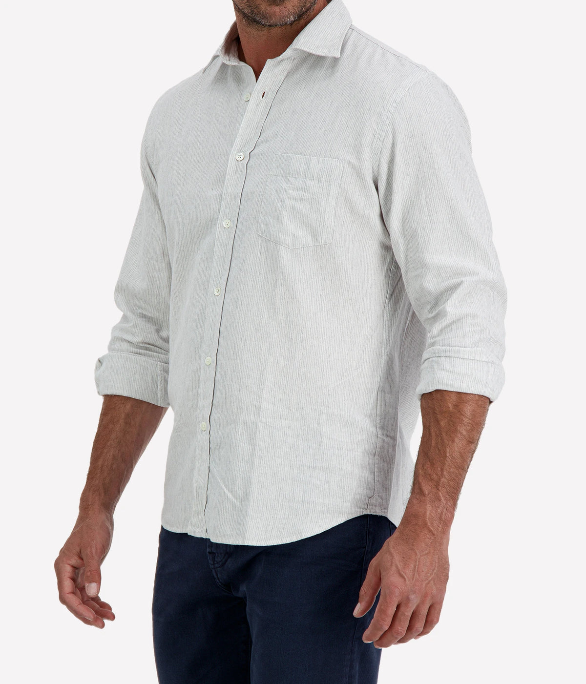 Man wearing Hartford Paul Cotton Shirt in Grey with indigo jeans, cropped angled front view
