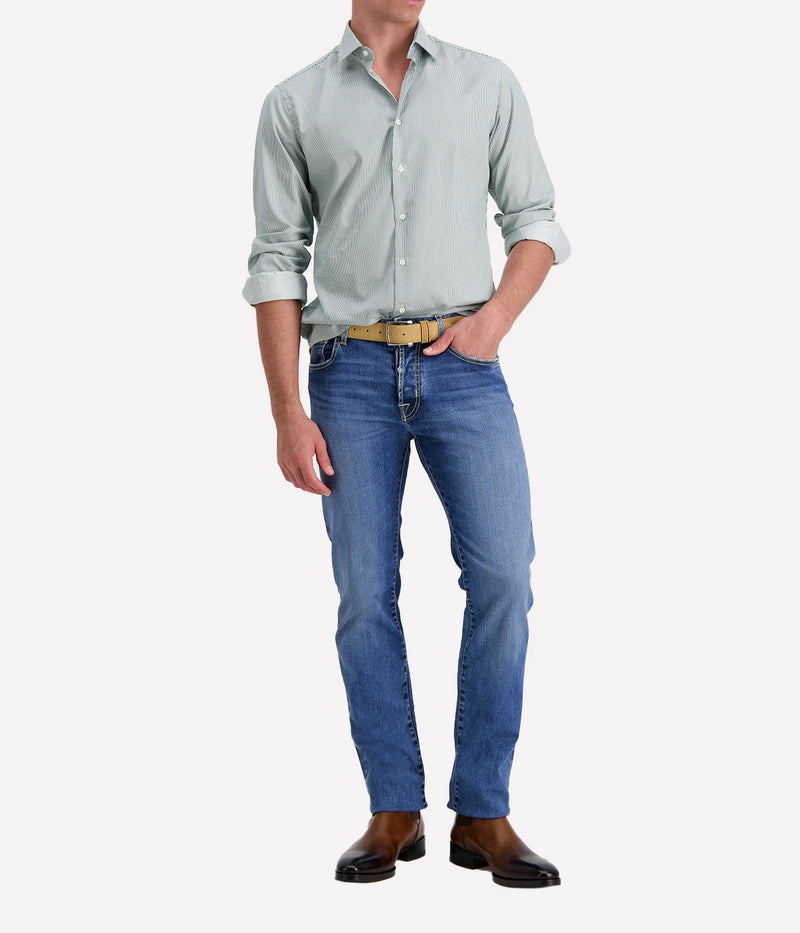 Slim Fit Shirt in Green & White Stripe