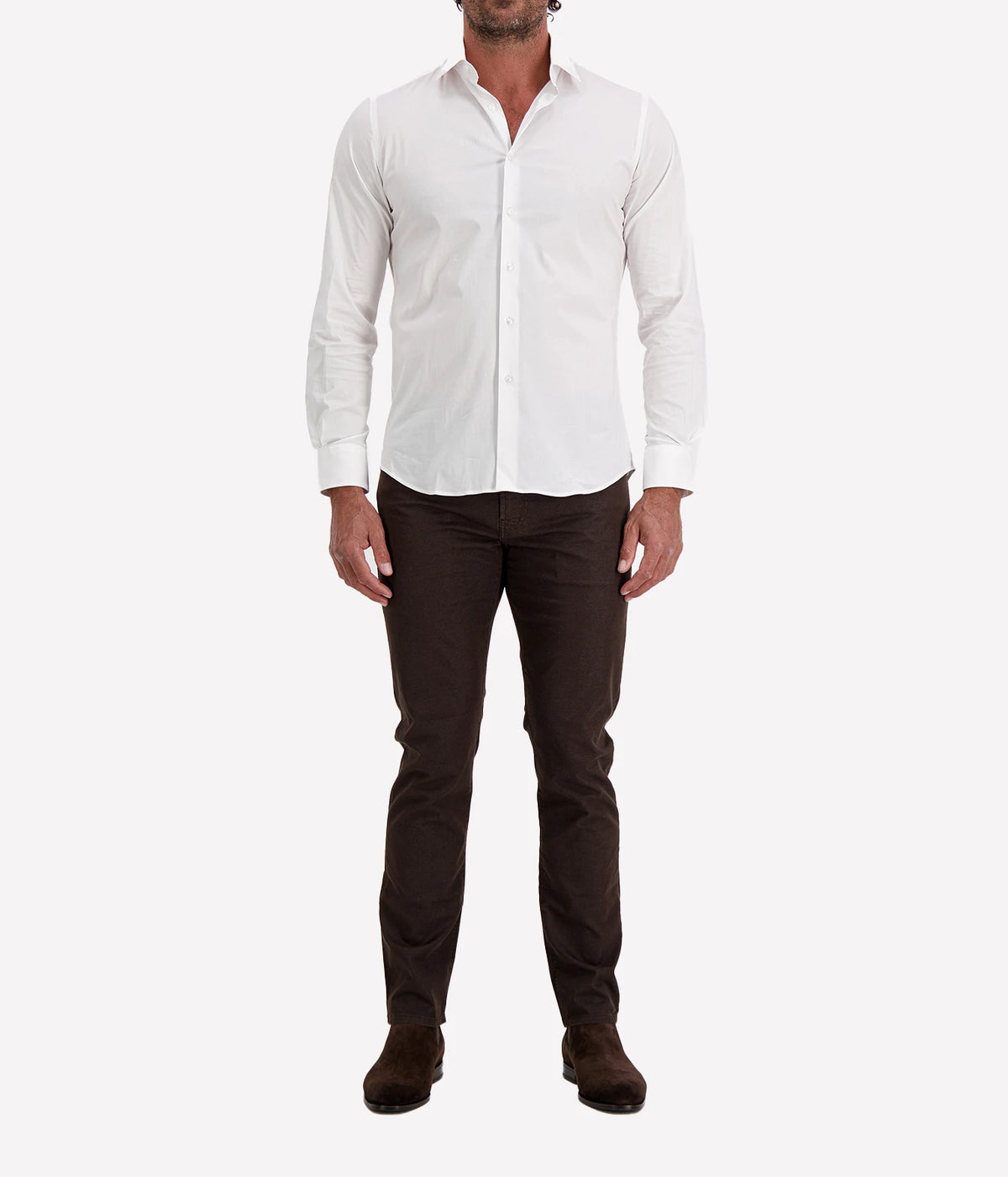 Man wearing Ingram Slim Fit Shirt in White with dark brown trousers and dark brown shoes, full-length front view