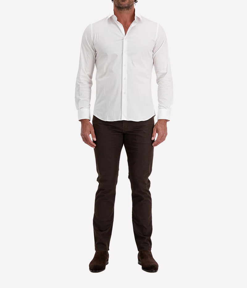 Man wearing Ingram Slim Fit Shirt in White with dark brown trousers and dark brown shoes, full-length front view