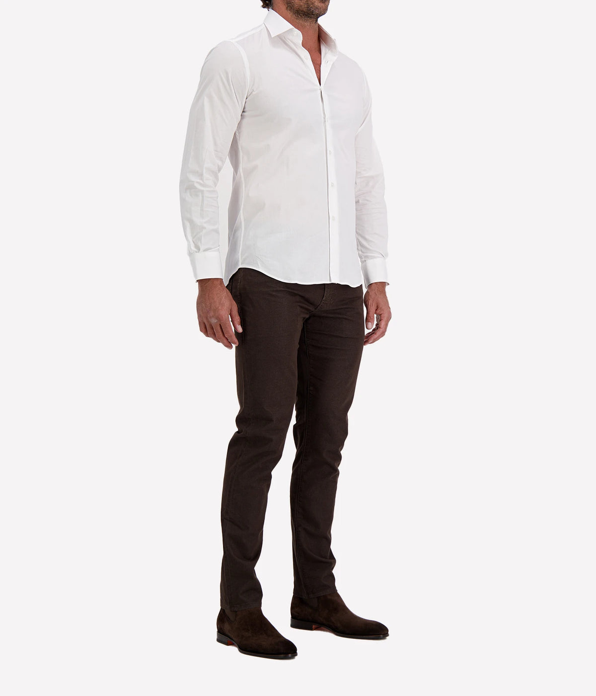 Man wearing Ingram Slim Fit Shirt in White with dark brown trousers and dark brown shoes, three-quarter view