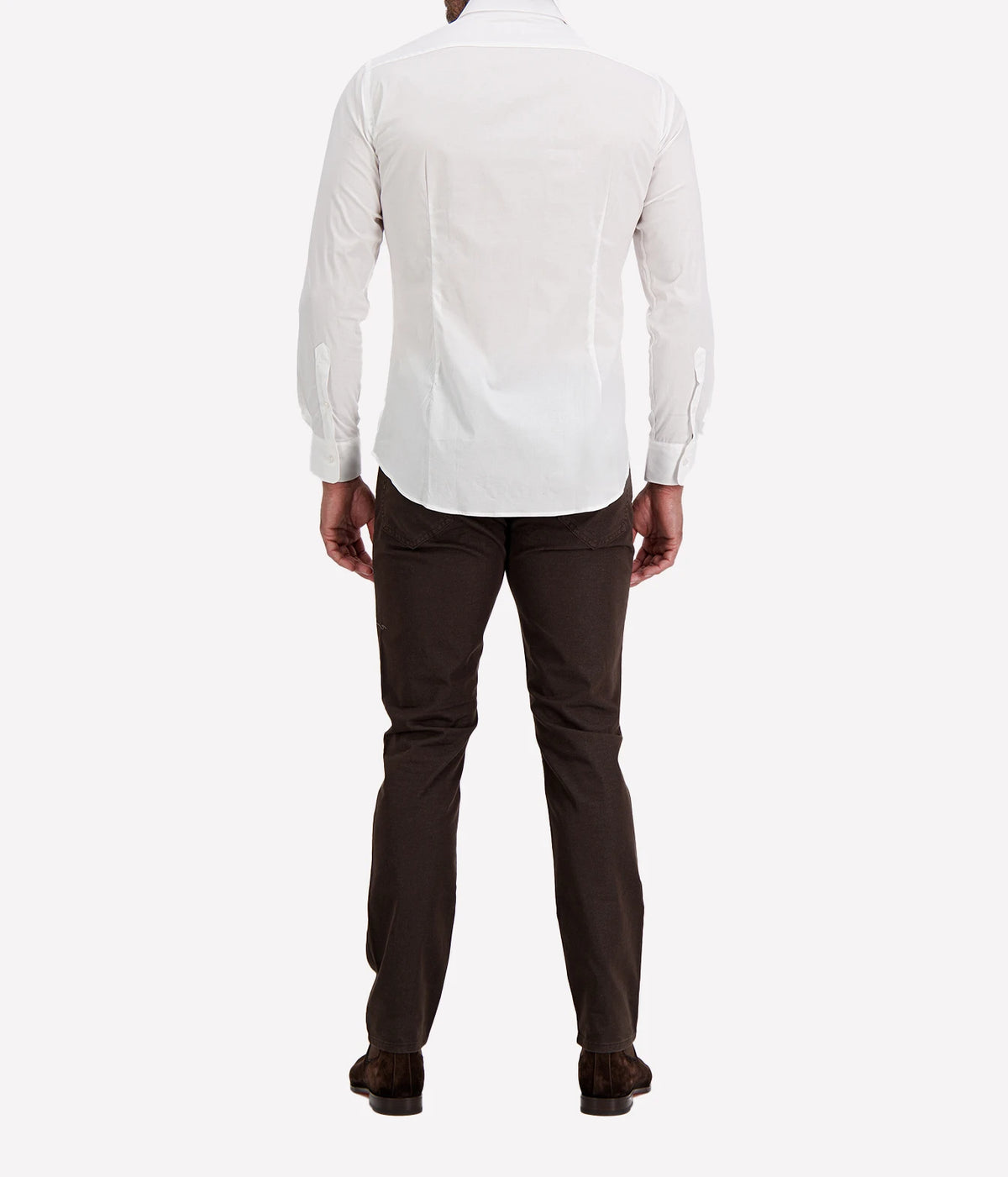 Back view of man wearing Ingram Slim Fit Shirt in White with dark brown trousers and dark brown shoes
