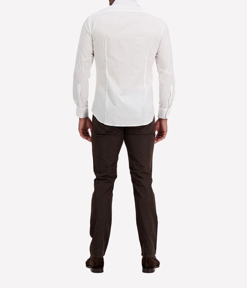 Back view of man wearing Ingram Slim Fit Shirt in White with dark brown trousers and dark brown shoes