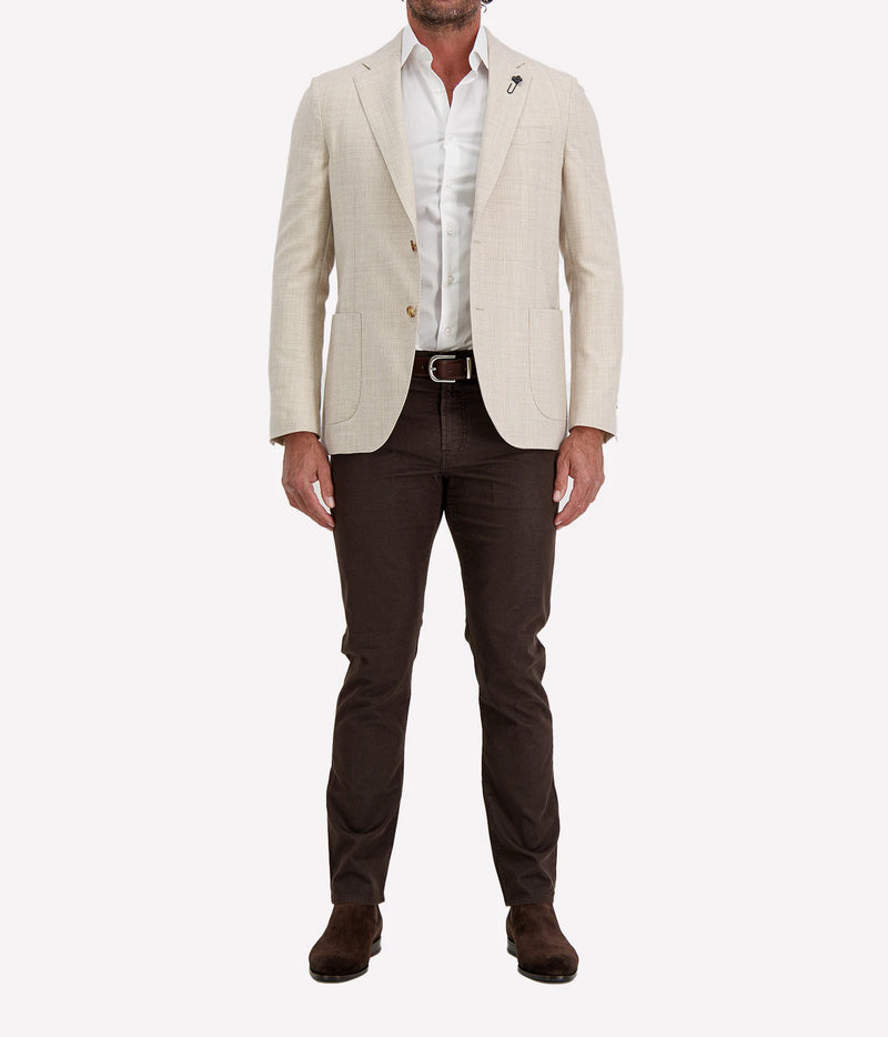 Man wearing Lardini Iconic Jacket in Beige Check with a white shirt and dark brown trousers, front view