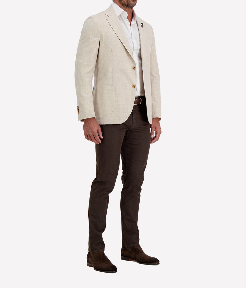 Man wearing Lardini Iconic Jacket in Beige Check with dark brown trousers, three-quarter view