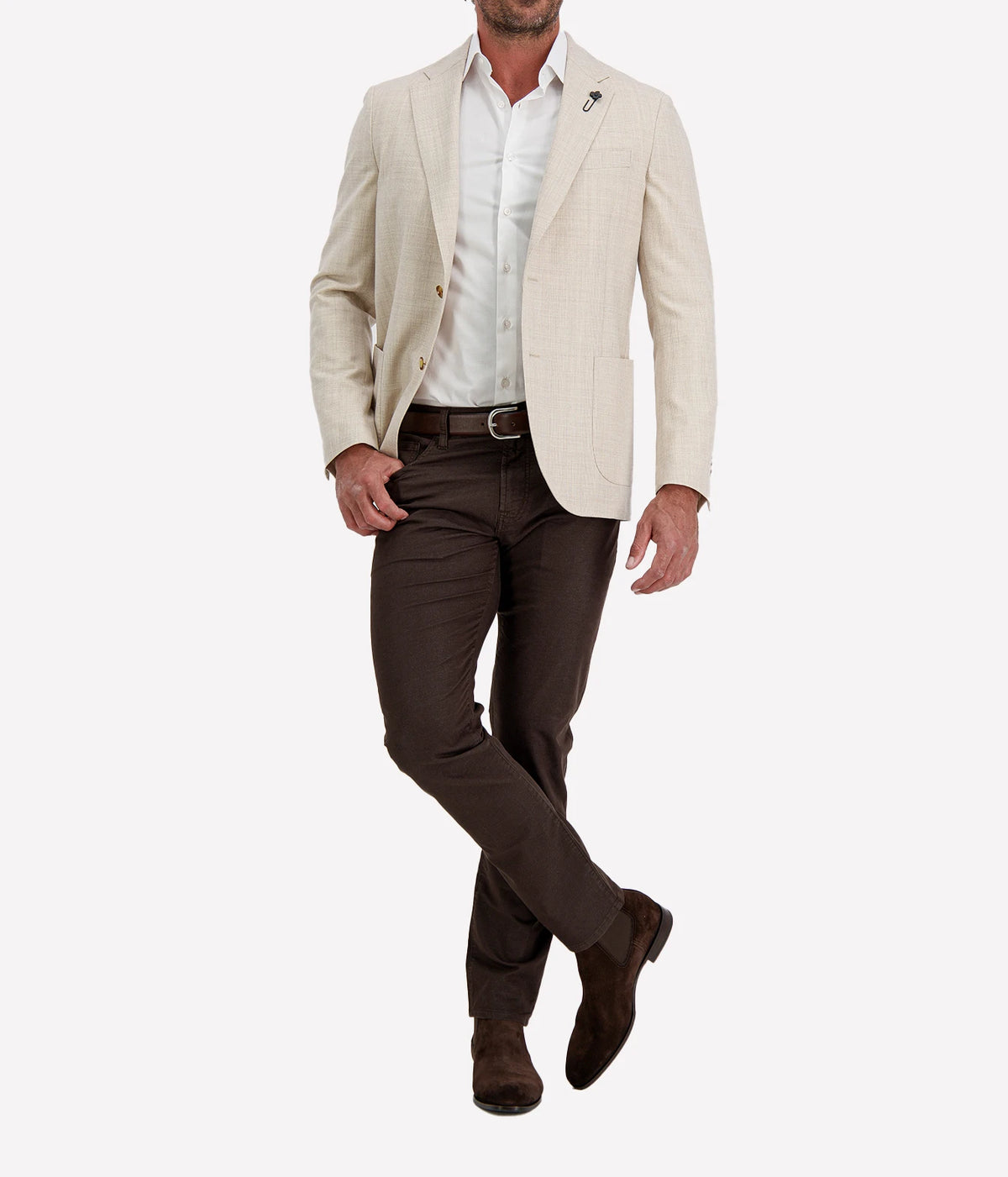 Man wearing Lardini Iconic Jacket in Beige Check with dark brown trousers, three-quarter walking view