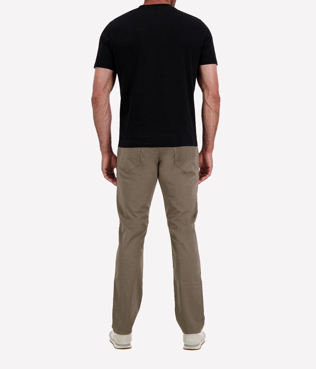 Back view of man wearing Jacob Cohën Girocollo Costina T-Shirt in Black with khaki chinos and white sneakers