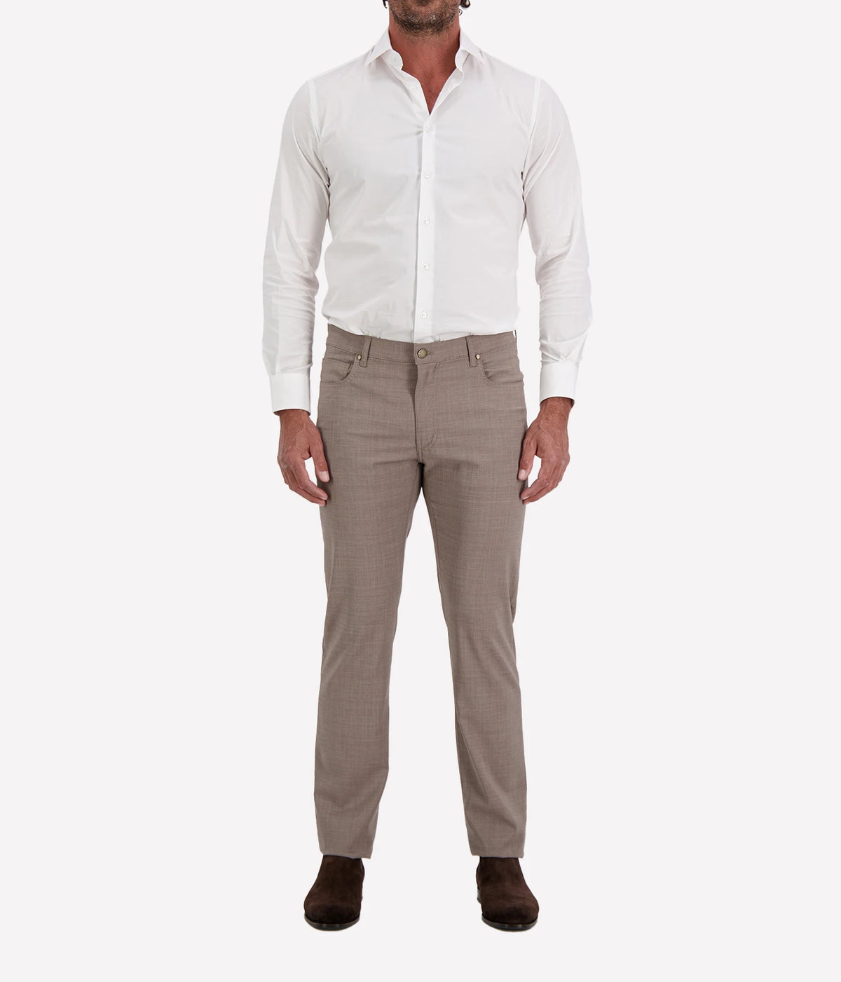Man wearing Maurizio Baldassari Treves Wool Five-Pocket Trouser in Light Brown with a white shirt and dark brown shoes, full-length front view