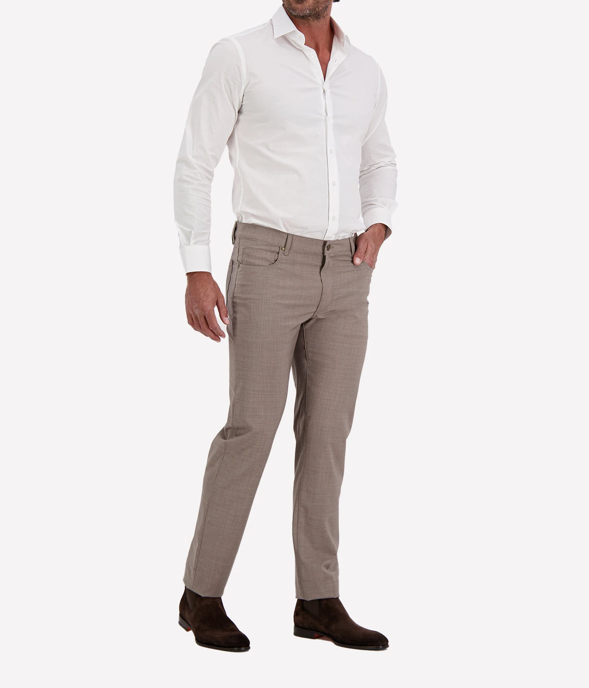 Man wearing Maurizio Baldassari Treves Wool Five-Pocket Trouser in Light Brown with a white shirt and dark brown shoes, three-quarter view