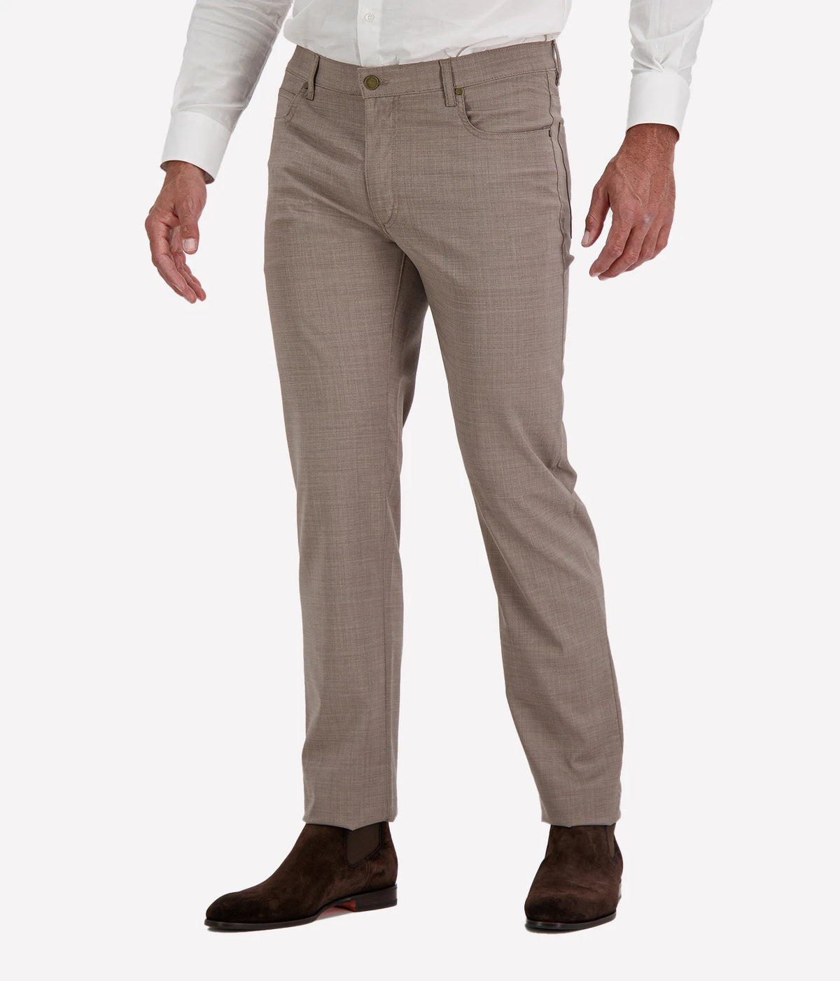 Man wearing Maurizio Baldassari Treves Wool Five-Pocket Trouser in Light Brown with a white shirt and dark brown shoes, cropped angled front view