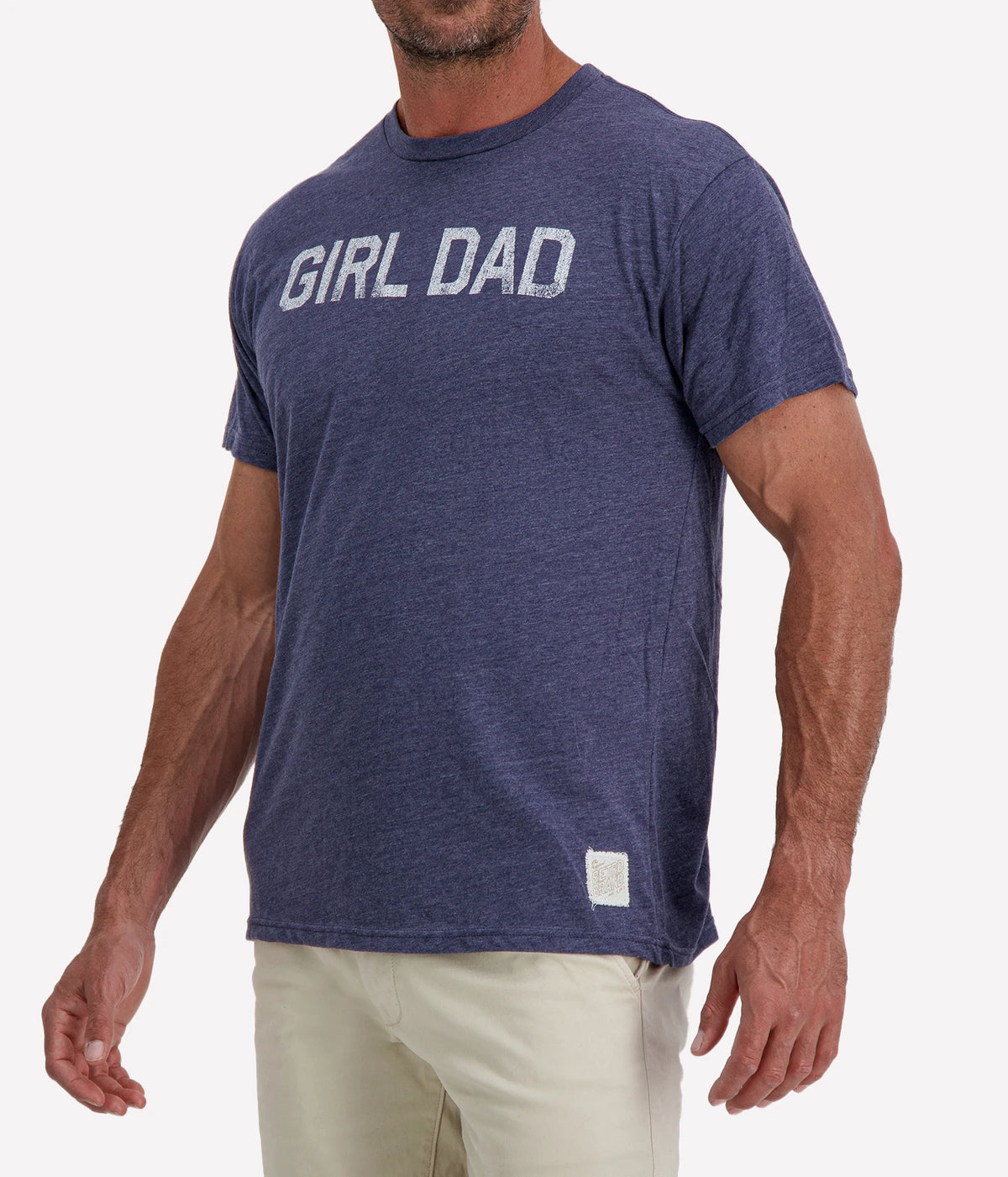Man wearing Retro Brand Girl Dad Tee in Navy with stone shorts, cropped angled front view