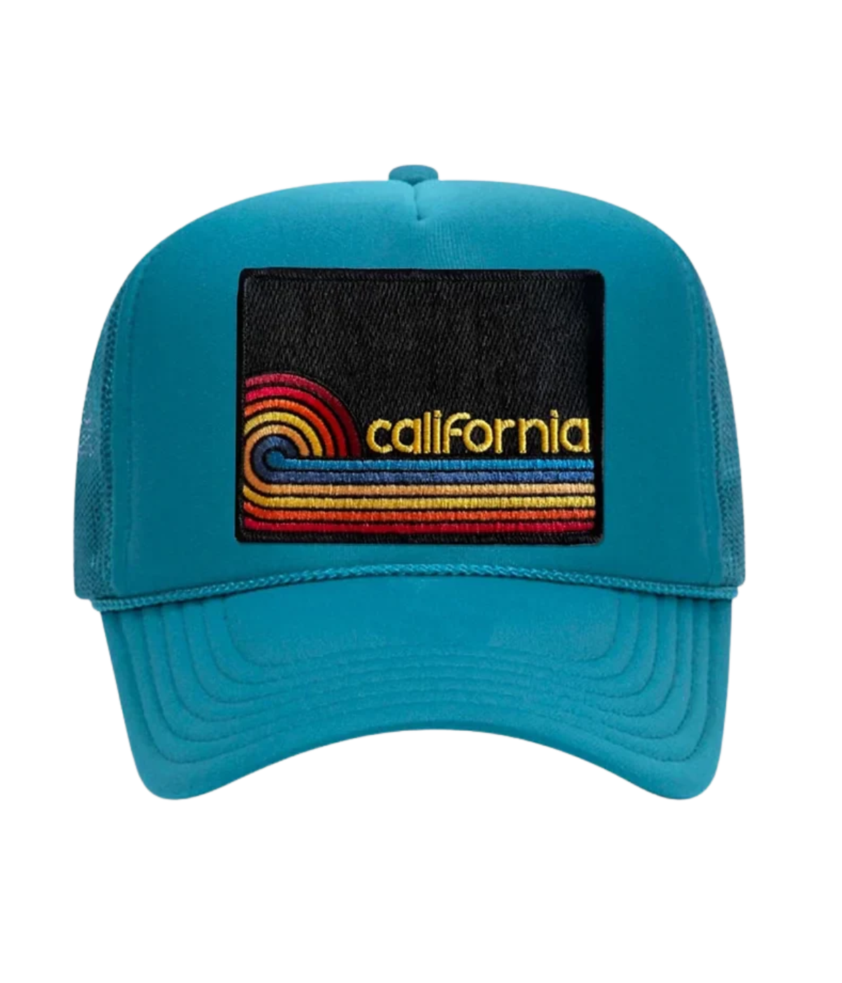 Port Sandz ‘California’ high-profile trucker cap with foam front, mesh back, snapback closure, fully embroidered colorful patches, 70’s coastal style