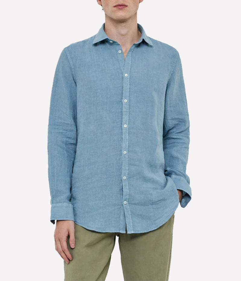 Lightweight linen shirt with a soft collar, embroidered detailing, and a refined fit.