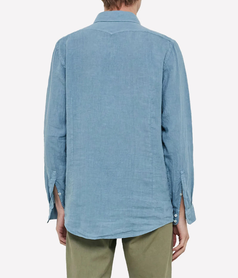 Lightweight linen shirt with a soft collar, embroidered detailing, and a refined fit.