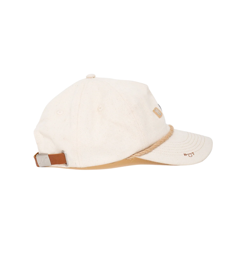 Nick Fouquet sailing flags cap – natural cotton twill with embroidered sailing flags and birds, brown leather strap, and braided rope detail.