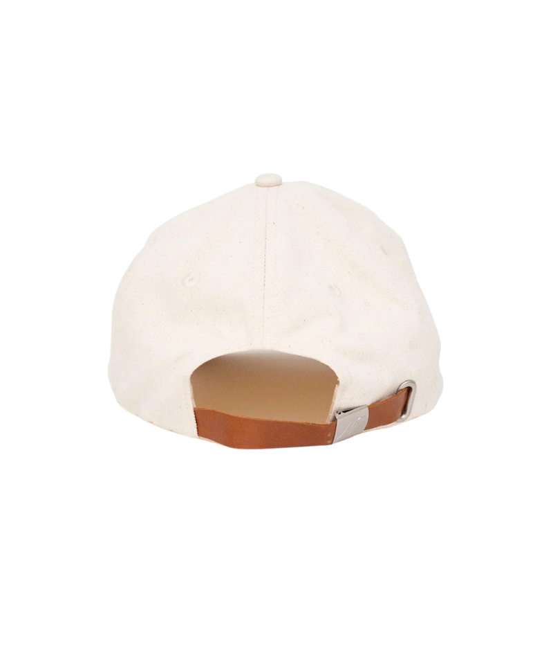 Nick Fouquet sailing flags cap – natural cotton twill with embroidered sailing flags and birds, brown leather strap, and braided rope detail.