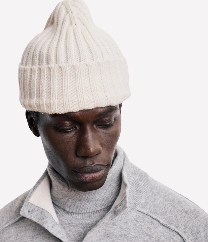Cashmere Knitted Beanie in Off White