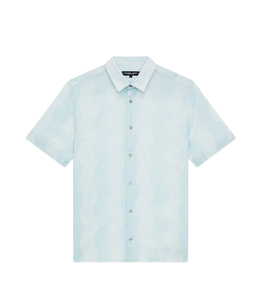 blue and white short sleeve printed silk shirt by frescobol carioca, Brazilian designer
