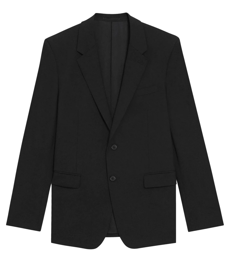 Chambers Blazer by Theory, crafted from luxurious Italian virgin wool and Lycra Spandex. Features a structured fit, classic notch lapels, chest and flap pockets, and buttoned cuffs. Fully lined, wrinkle-resistant, and moisture-controlling fabric, perfect for both professional and casual wear