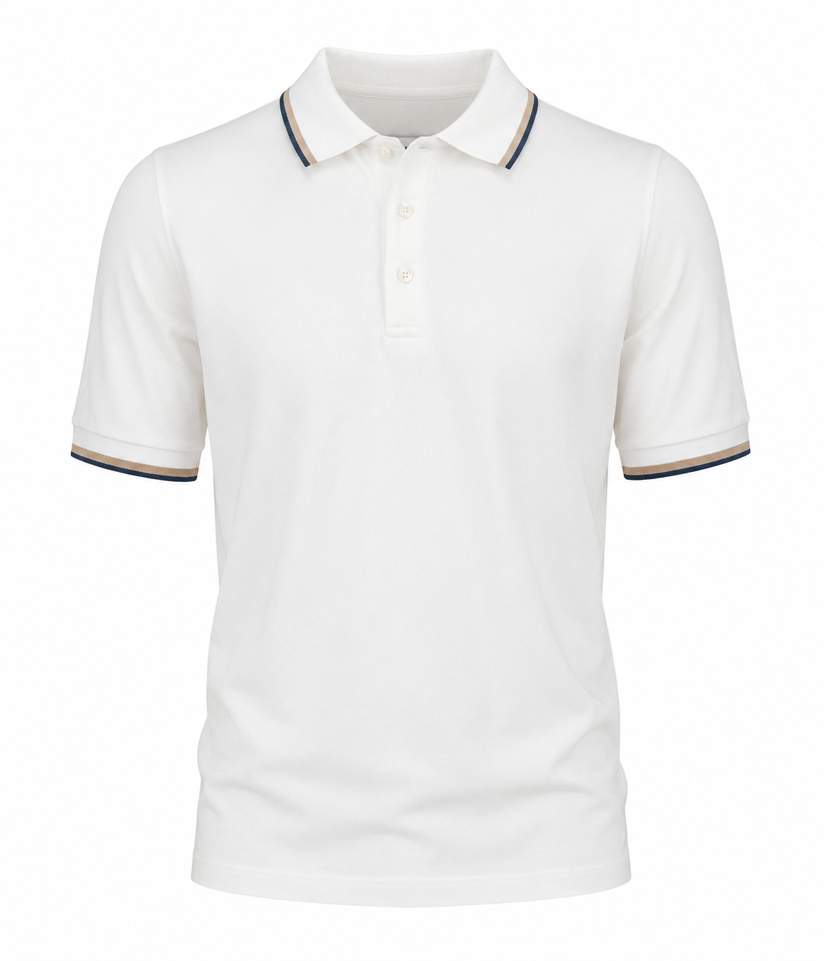 Gran Sasso Tennis Short Sleeve Polo in White Blue Stripe – Ghost Mannequin Front View Three-Button Cotton Polo
