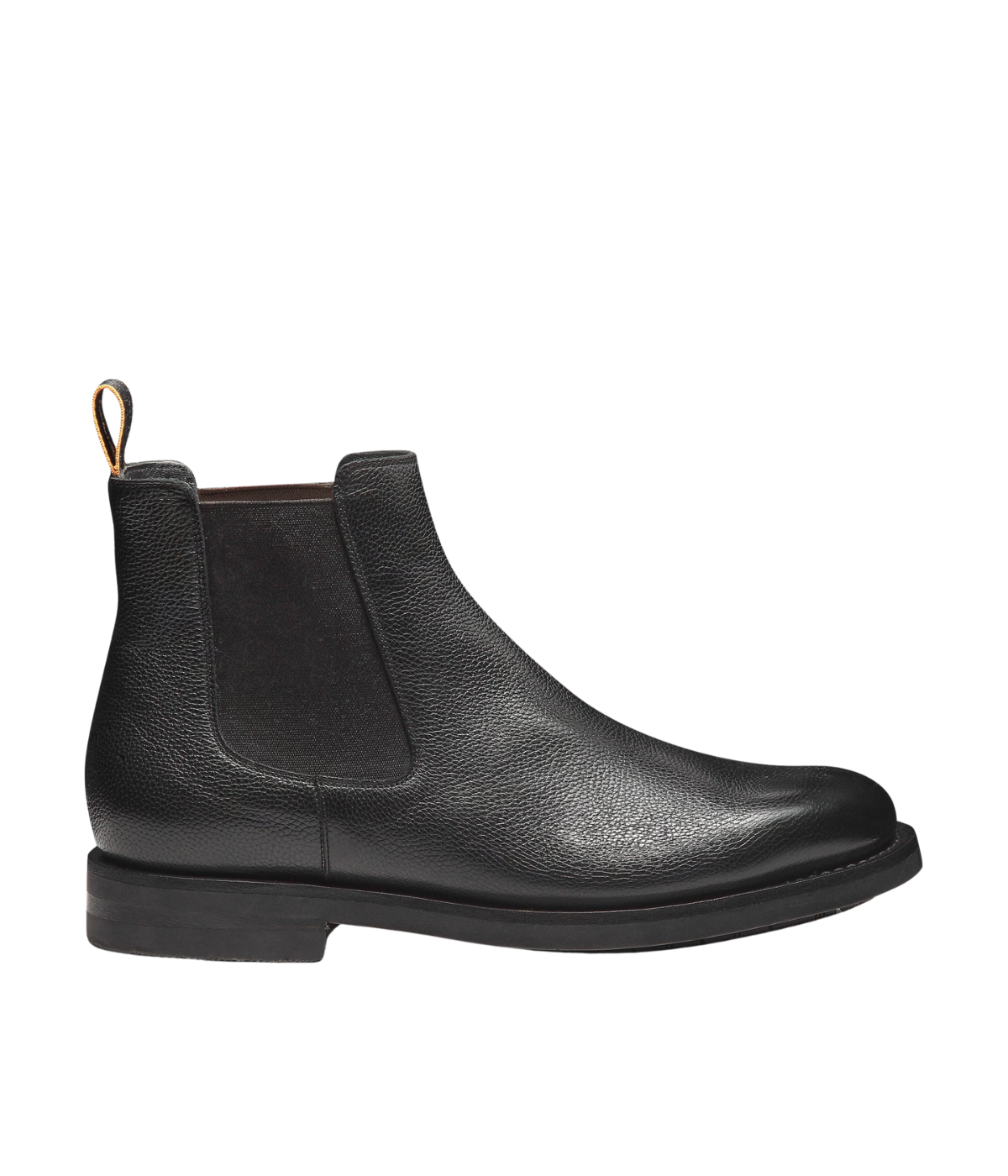 Men’s black leather Chelsea boots with elastic side panels, pull tab, and durable rubber sole by Santoni.
