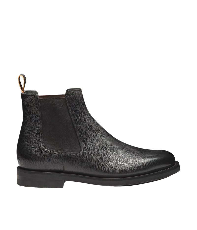 Men’s black leather Chelsea boots with elastic side panels, pull tab, and durable rubber sole by Santoni.