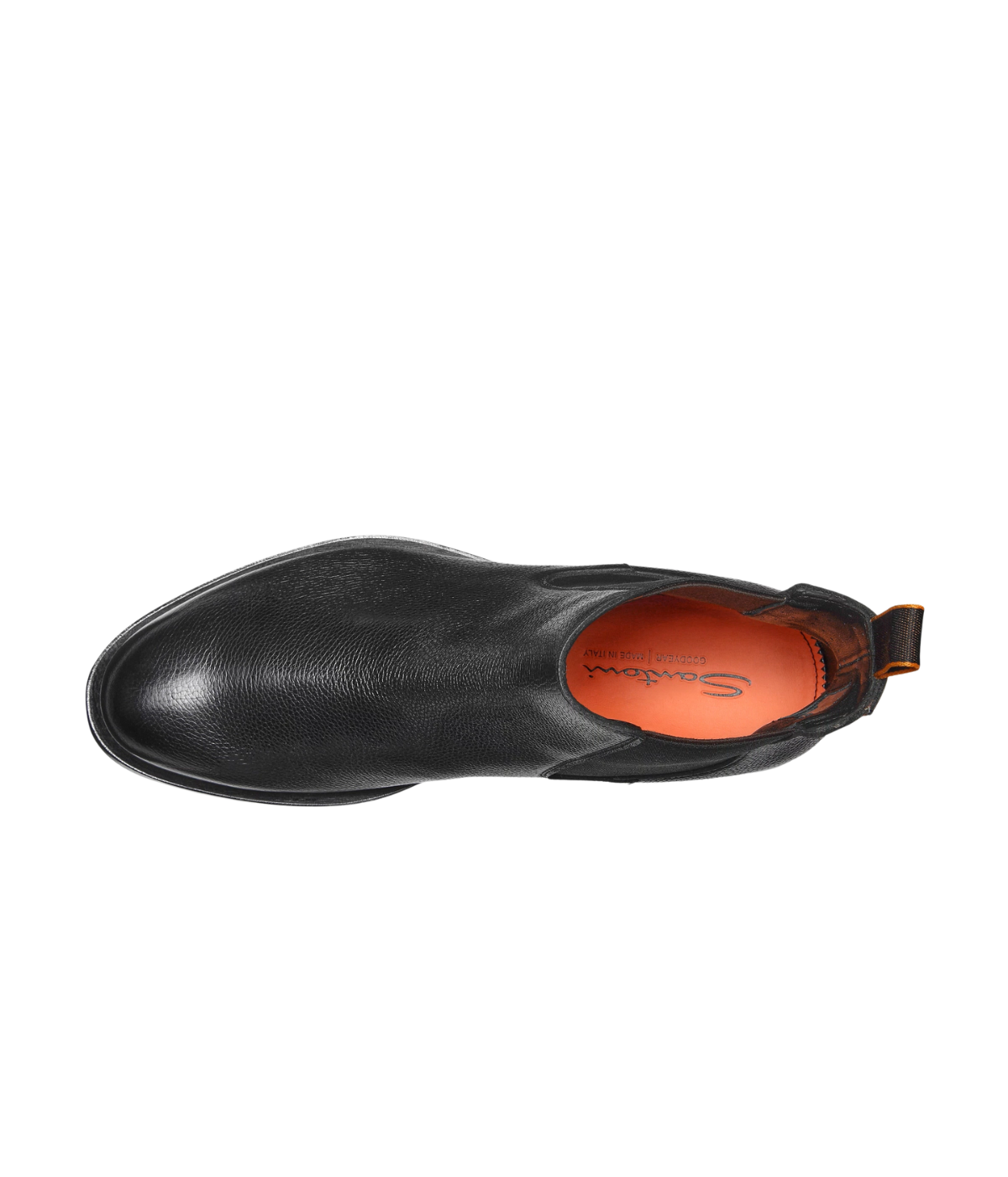 Men’s black leather Chelsea boots with elastic side panels, pull tab, and durable rubber sole by Santoni.