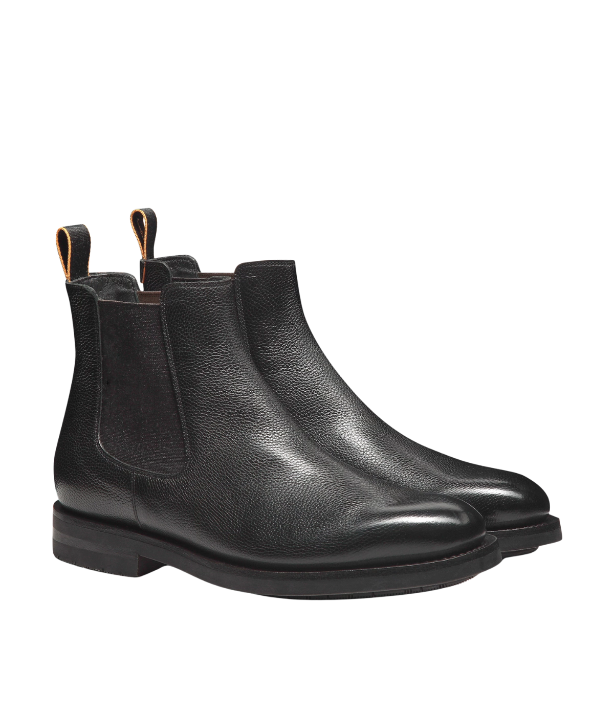 Men’s black leather Chelsea boots with elastic side panels, pull tab, and durable rubber sole by Santoni.