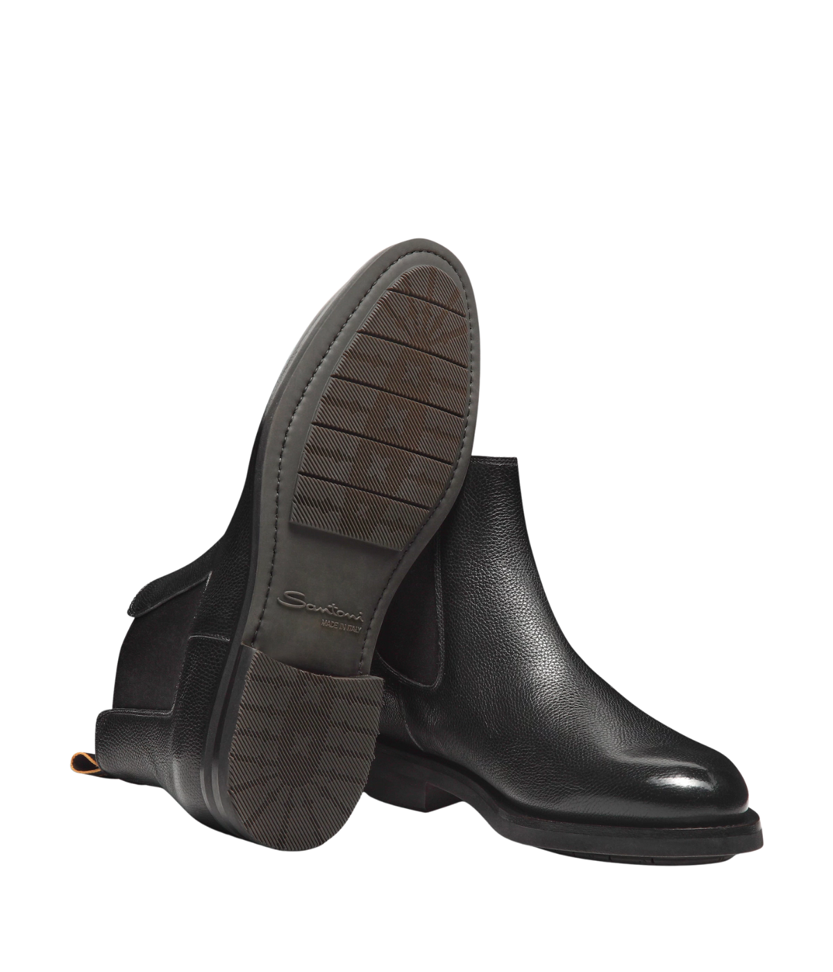 Men’s black leather Chelsea boots with elastic side panels, pull tab, and durable rubber sole by Santoni.