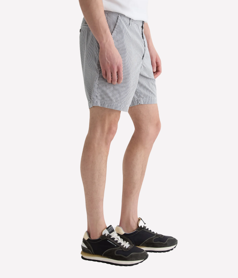 AG Cipher Short in Charcoal Stripe made from stretch seersucker, featuring a mid-rise waist, slim fit, and refined striped finish.