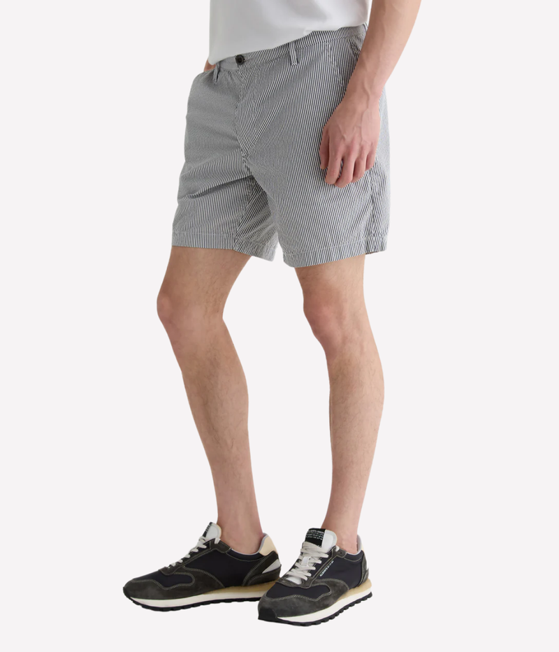 AG Cipher Short in Charcoal Stripe made from stretch seersucker, featuring a mid-rise waist, slim fit, and refined striped finish.