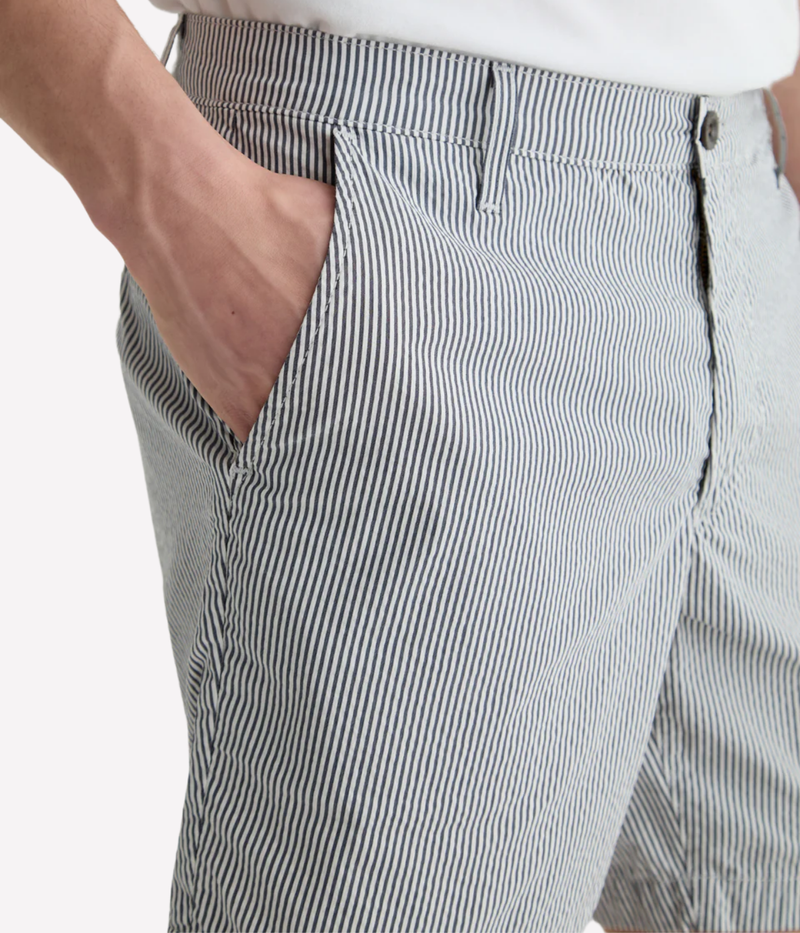 AG Cipher Short in Charcoal Stripe made from stretch seersucker, featuring a mid-rise waist, slim fit, and refined striped finish.