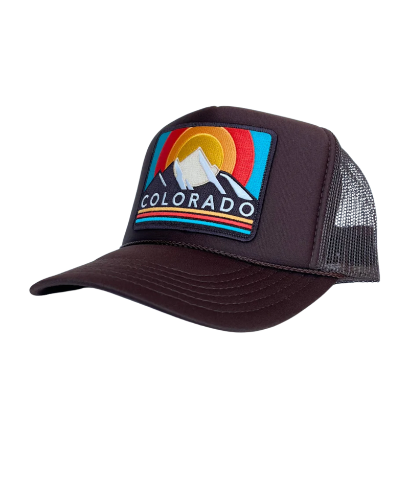 Port Sandz Colorado high-profile trucker cap with foam front, mesh back, snapback closure, fully embroidered colorful Colorado patch, mountain-inspired style