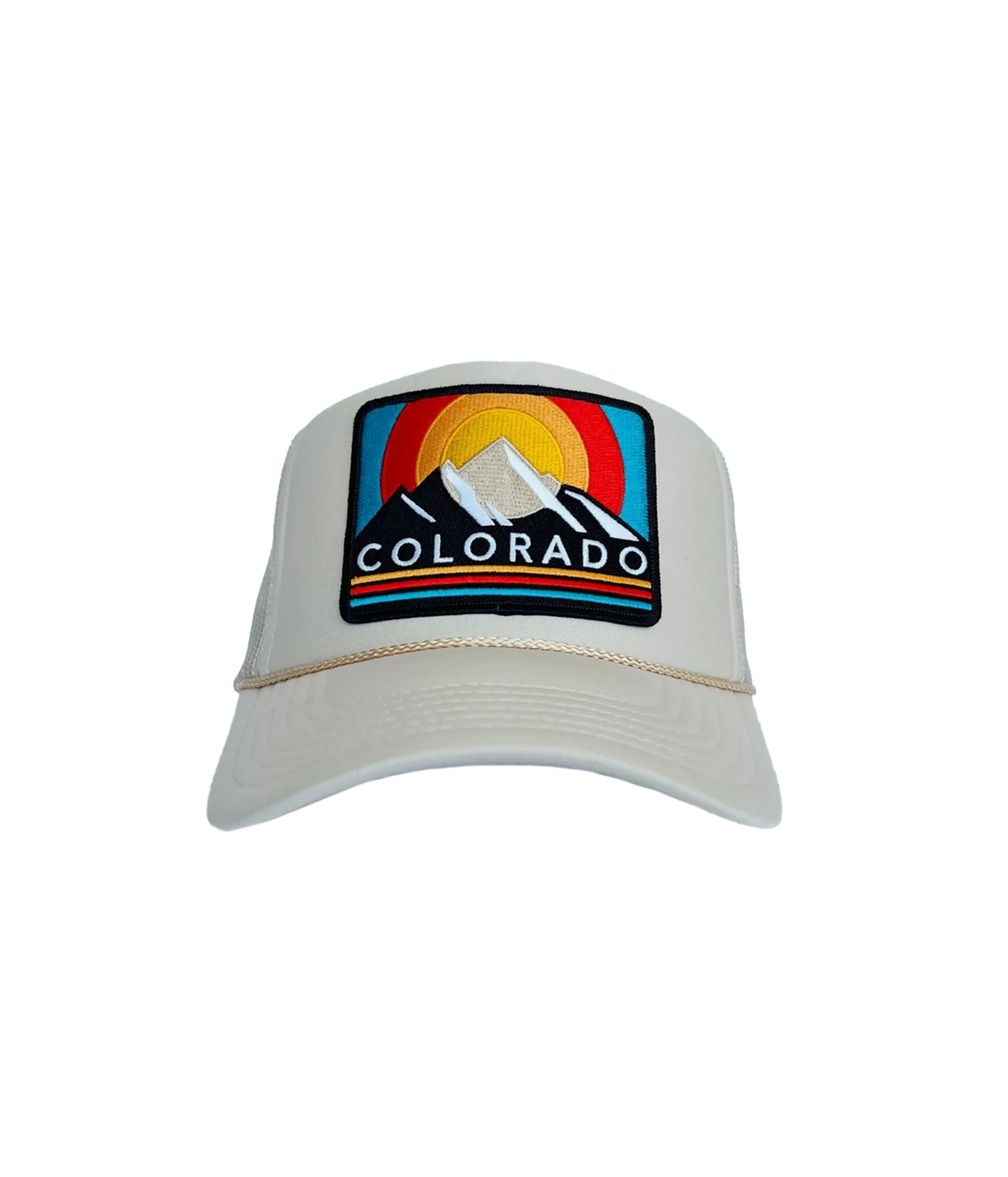 Front view of Port Sandz Colorado Trucker Hat in Tan showing the embroidered Colorado mountain patch