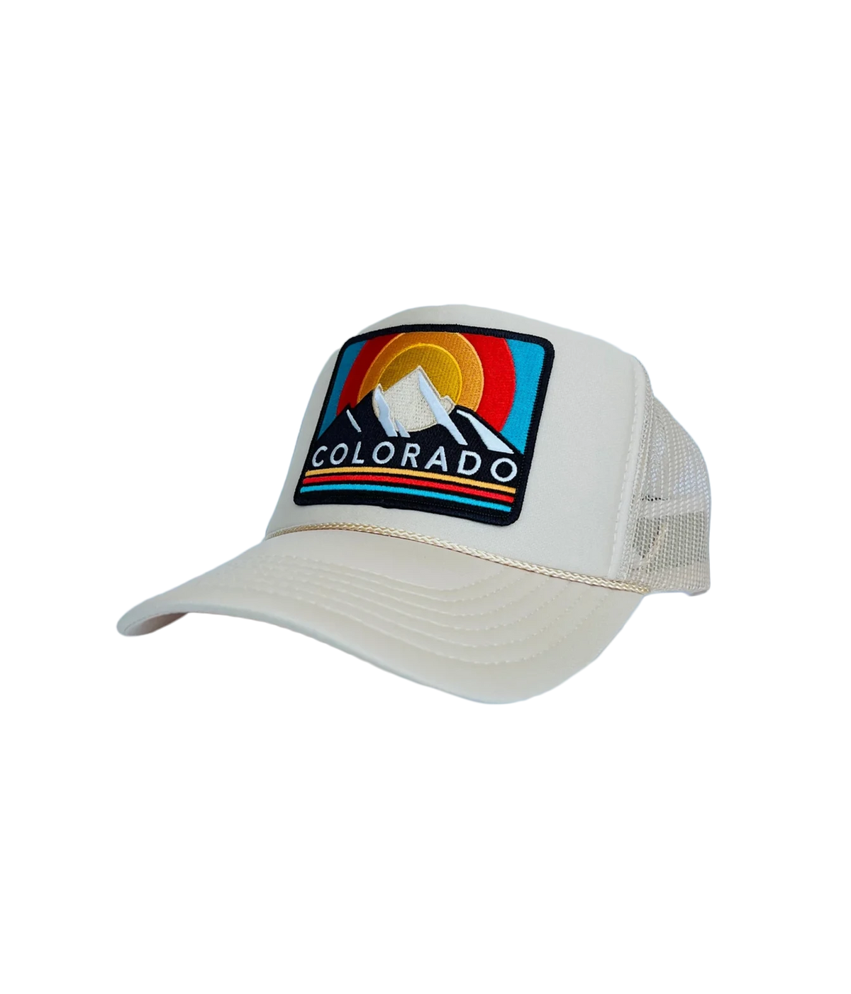 Side view of Port Sandz Colorado Trucker Hat in Tan showing the foam front and mesh panels