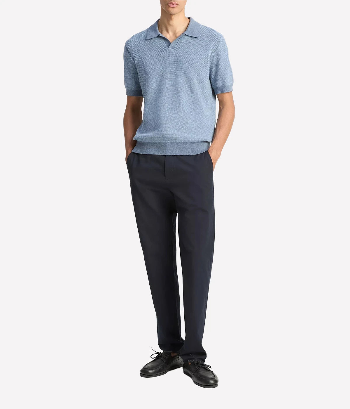 Vince Johnny-collar pullover sweater with tonal colourblocking and subtle stripe texture in a cotton-cashmere knit.