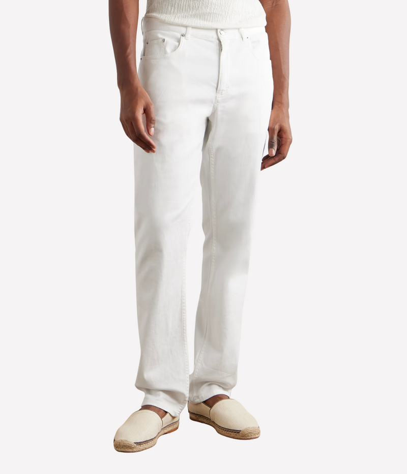 Frescobol Carioca Columbo slim-fit straight-leg pants in cotton twill with 5-pocket style and branded metal detailing, versatile for casual or smart wear