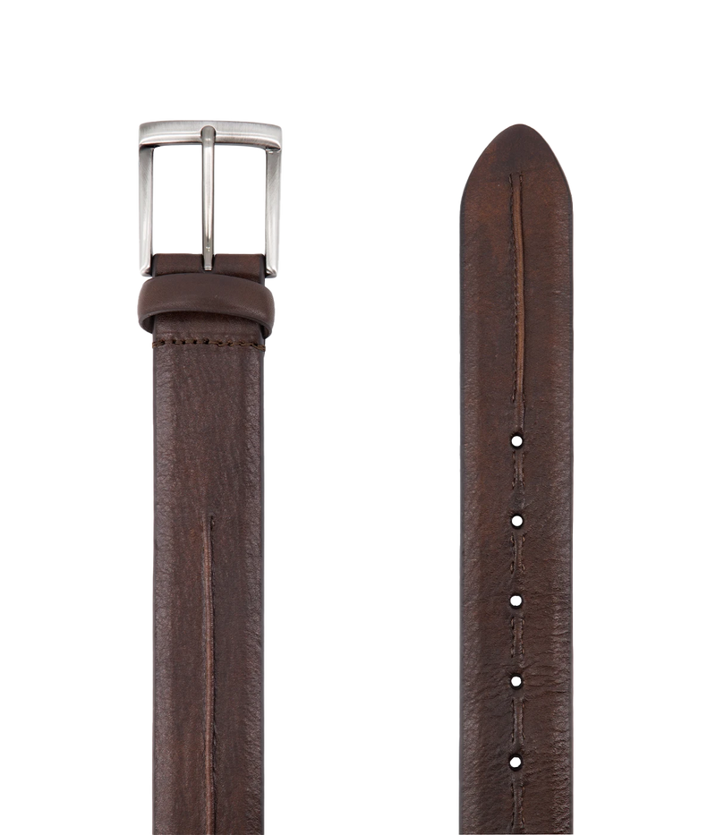 Brown leather belt with creased stitch detailing, offering a sleek and stylish finish for both casual and formal looks.