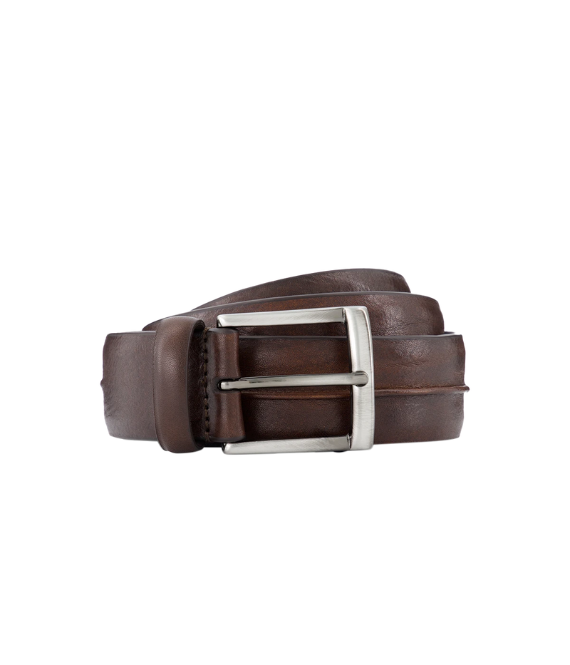 Brown leather belt with creased stitch detailing, offering a sleek and stylish finish for both casual and formal looks.