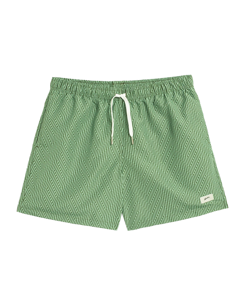 Bather’s geometric swim trunks feature a bold, monochromatic herringbone-inspired pattern, reminiscent of retro ‘60s design. With a 5.5” inseam, reinforced pockets, and a back snap pocket, these quick-dry swim shorts are crafted from 100% recycled polyester for a stylish and sustainable fit.