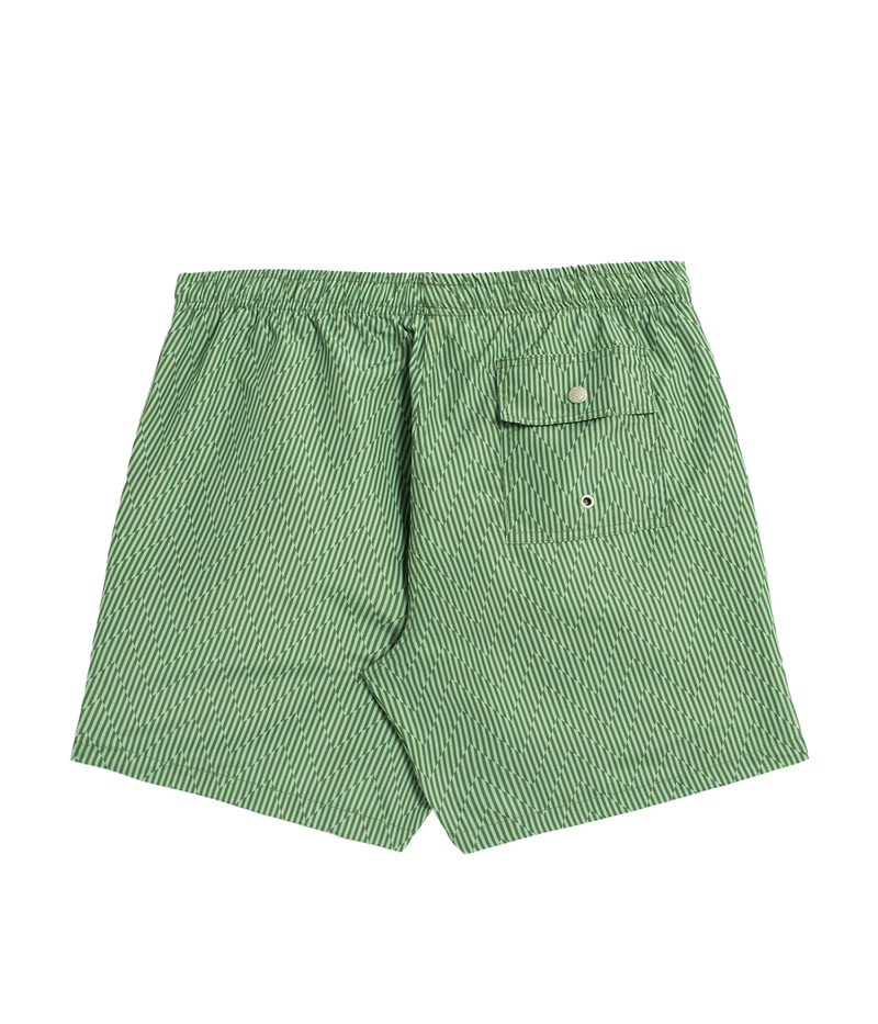 Bather’s geometric swim trunks feature a bold, monochromatic herringbone-inspired pattern, reminiscent of retro ‘60s design. With a 5.5” inseam, reinforced pockets, and a back snap pocket, these quick-dry swim shorts are crafted from 100% recycled polyester for a stylish and sustainable fit.