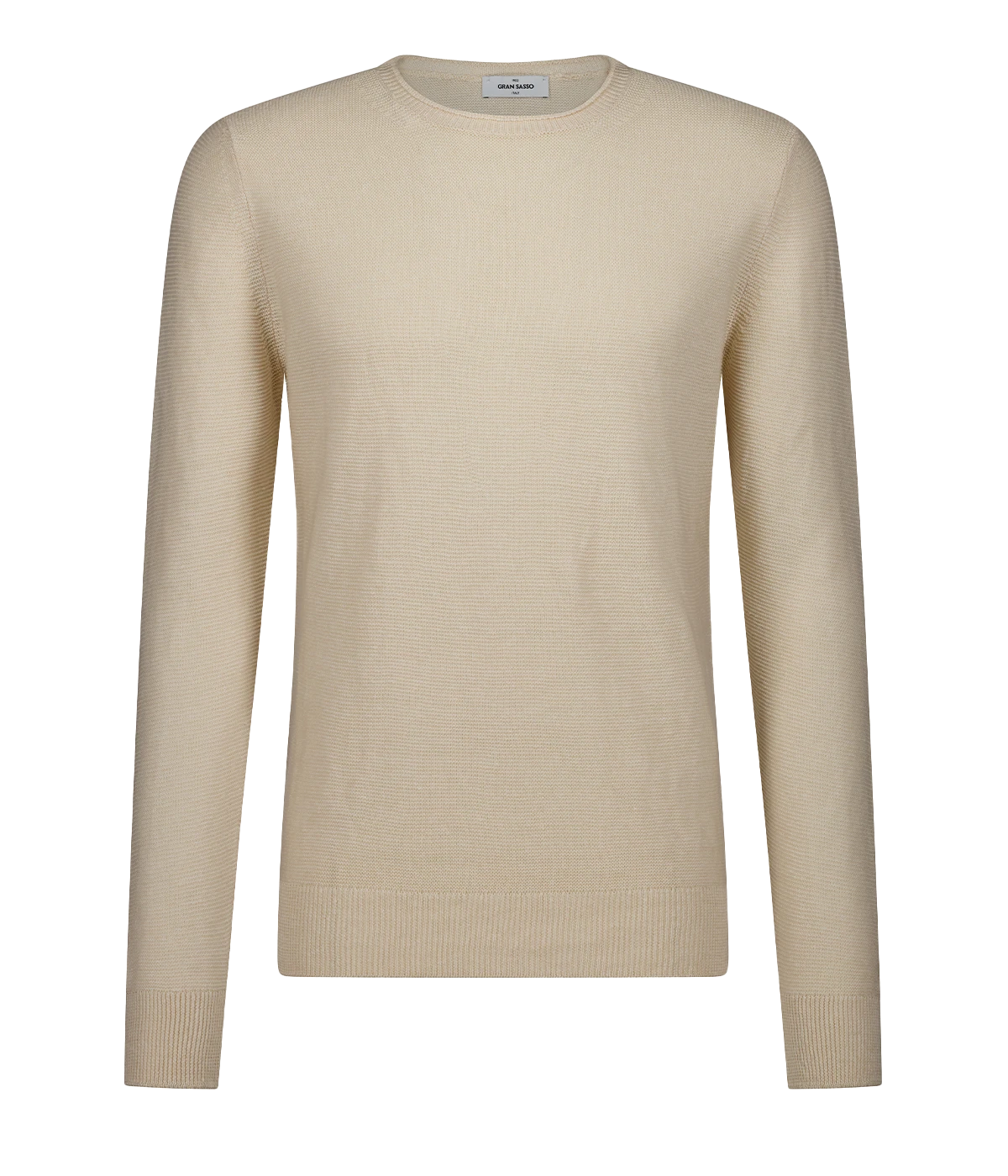 A timeless easy breezy summer crew neck sweater, 100% cotton in a cream colourway, featuring crew neckline and long sleeves. Throw on and go, comfortable, lightweight, made in Italy. 