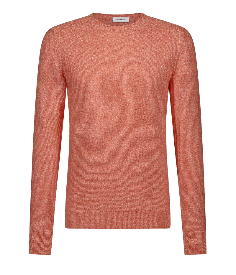 A timeless easy breezy summer crew neck sweater, 100% cotton in a mandarin colourway, featuring crew neckline and long sleeves. Throw on and go, comfortable, lightweight, made in Italy. 