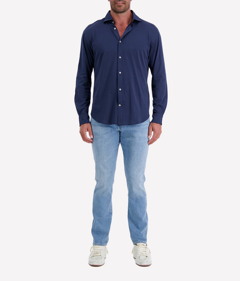 Refined Dandy Shirt in soft jersey cotton with cutaway collar, front button fastening, and long sleeves with buttoned cuffs. Perfect for smart-casual styling.