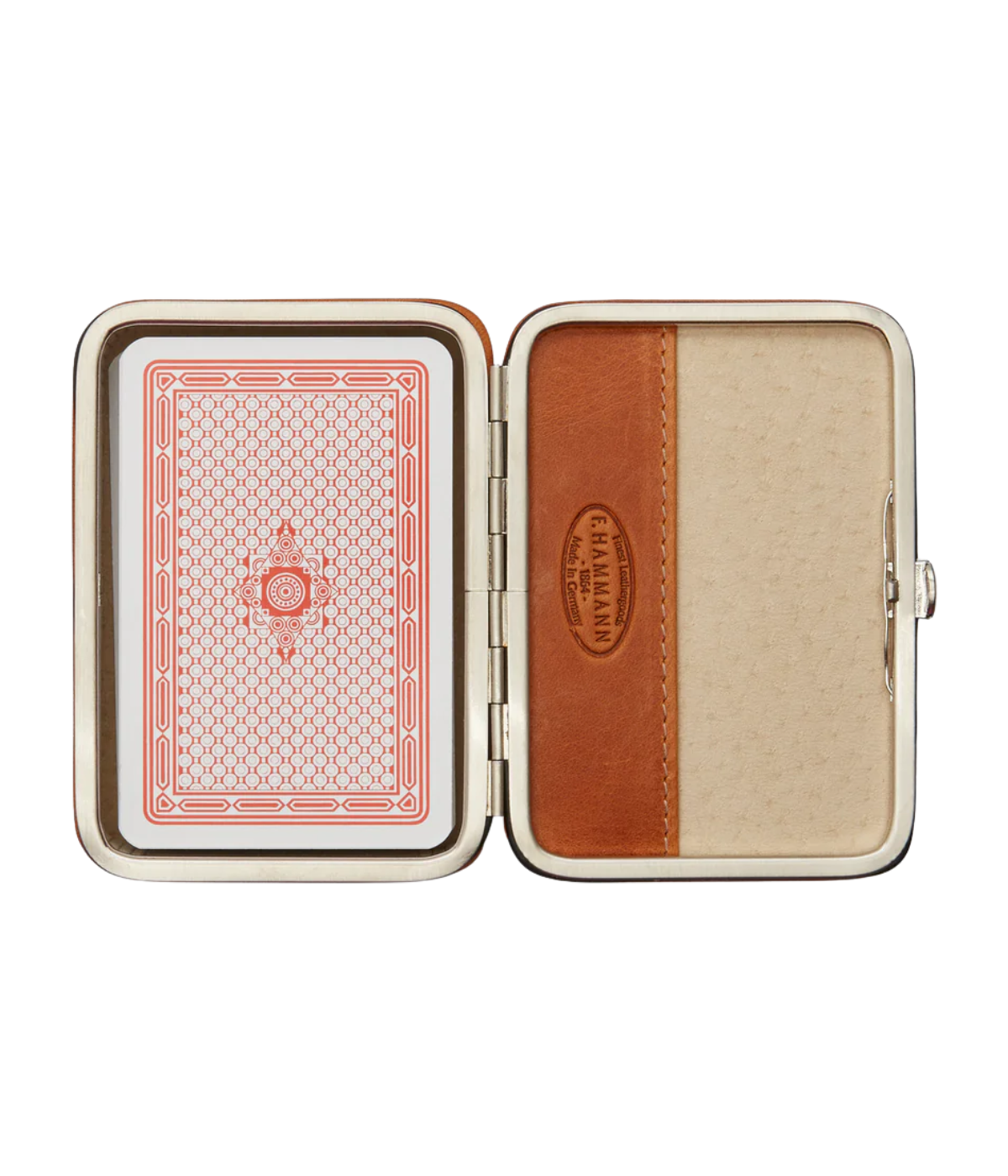 F. Hamman leather playing card set in cognac full-grain leather with suede lining and polished frame – luxury game accessory made in Germany.