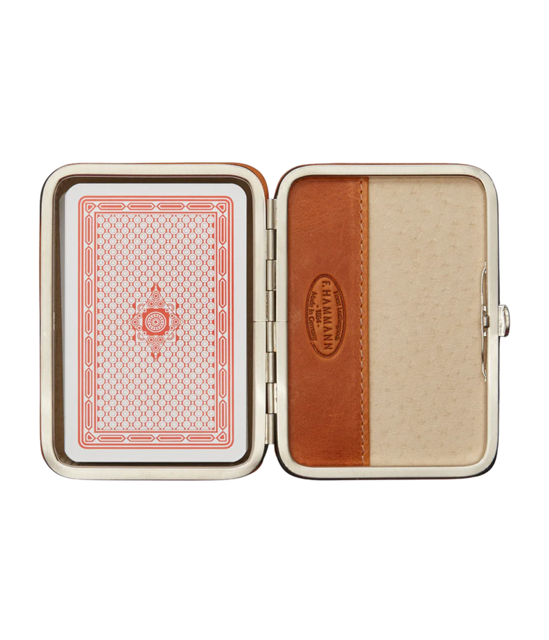 F. Hamman leather playing card set in cognac full-grain leather with suede lining and polished frame – luxury game accessory made in Germany.