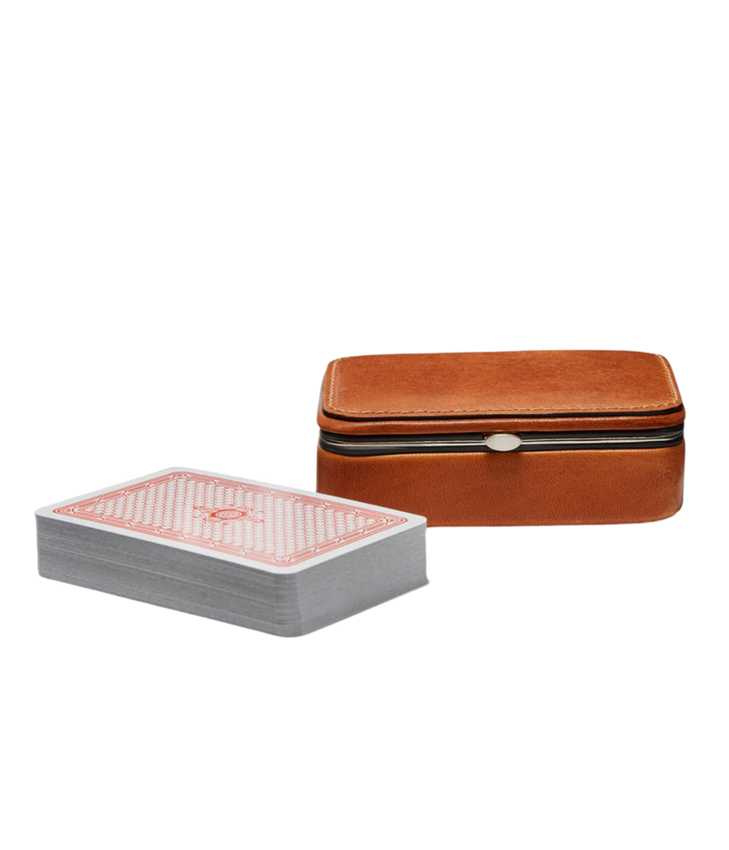 F. Hamman leather playing card set in cognac full-grain leather with suede lining and polished frame – luxury game accessory made in Germany.