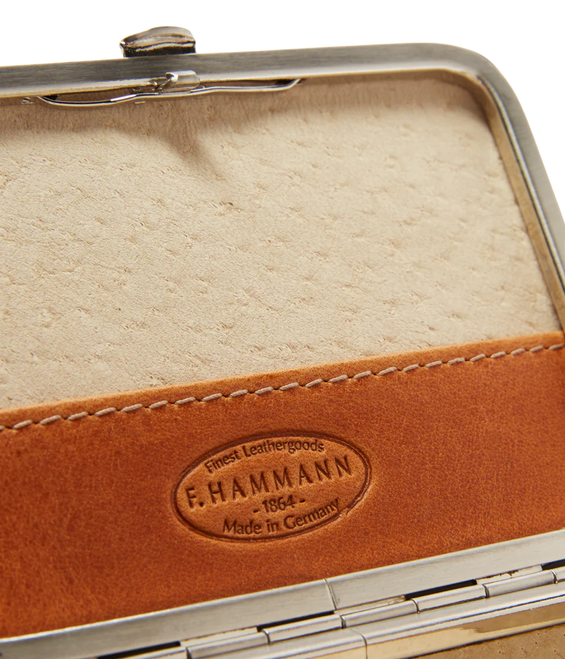 F. Hamman leather playing card set in cognac full-grain leather with suede lining and polished frame – luxury game accessory made in Germany.