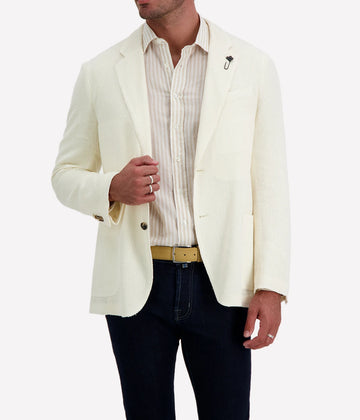 deconstructed lightweight silk and linen blazer by Lardini crafted from knitted fabric.